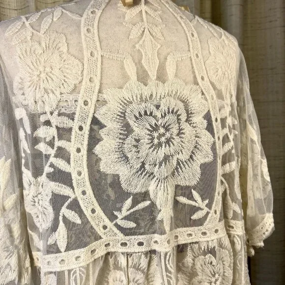Entro White Sheer Boho Embroidered Lace Kimono Jacket Blouse M Cottagecore - Picture 10 of 15